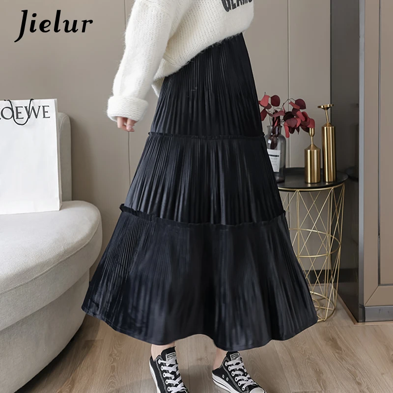 

Jielur Solid Color Pleated Skirts Womens Slim Elastic Waist Autumn Winter Skirts Chic Black Saia Faldas Knee Women Skirt S-XL