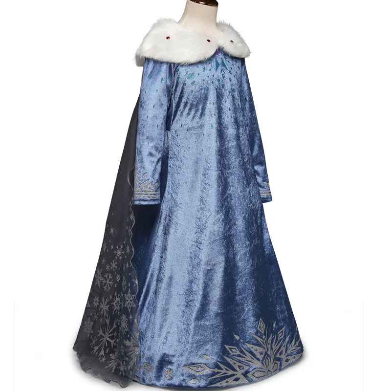 Elsa Winter Cosplay Costume for Girls Princess Party Queen Elsa Dress Kids Carnival Velvet Frocks Clothing