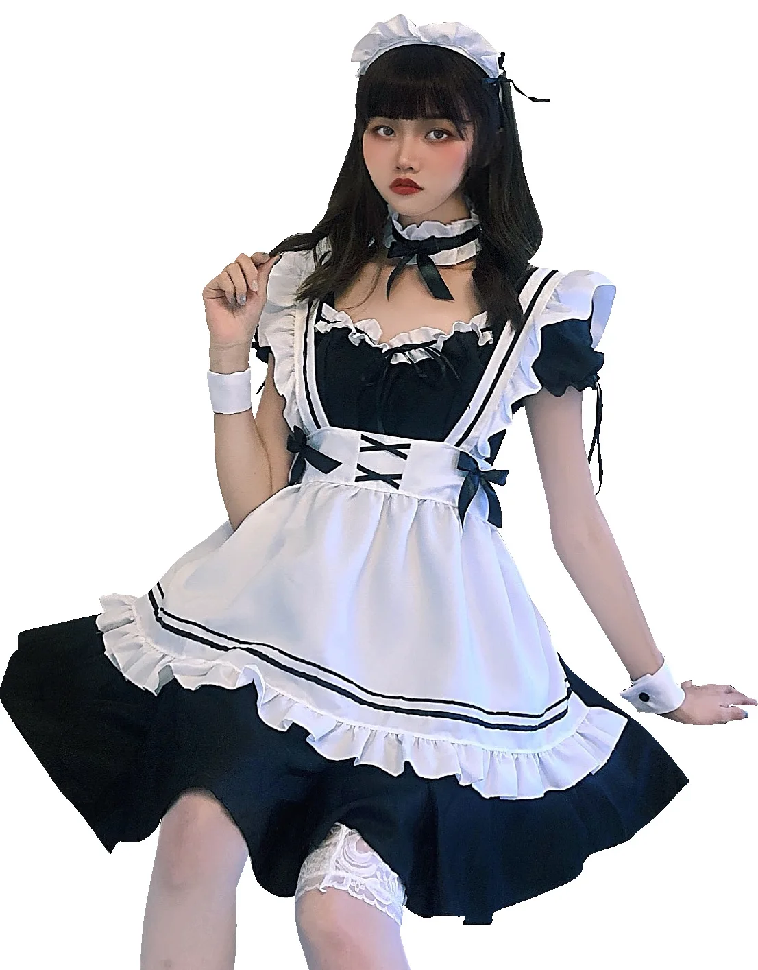 Vestidos Lolita pretos para mulheres, Maid Outfit, Traje Cosplay Gato Bonito, Vestido de avental, Trajes de Halloween, Terno