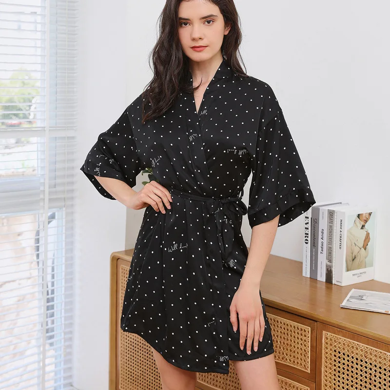 

Satin Kimono Bathrobe Gown Women Robe Print Dot Sleepwear Summer New Bridal Wedding Gift Intimate Lingerie Loose Homewear