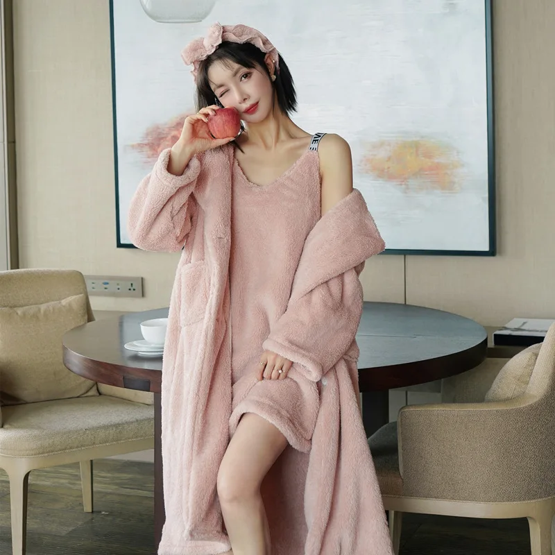 

Flannel Home Service Sexy Pajamas Women Autumn and Winter Thickened Nightgown Women Bathrobe Suit Solid Color Keep Warm Pijamas