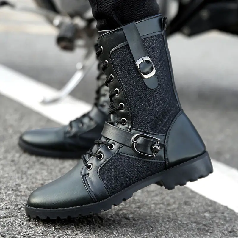 Idopy Men Boots Pu Leather Man Flat Shoes Mid Calf Autumn Winter Male Punk Motorcycle Boots Footwear