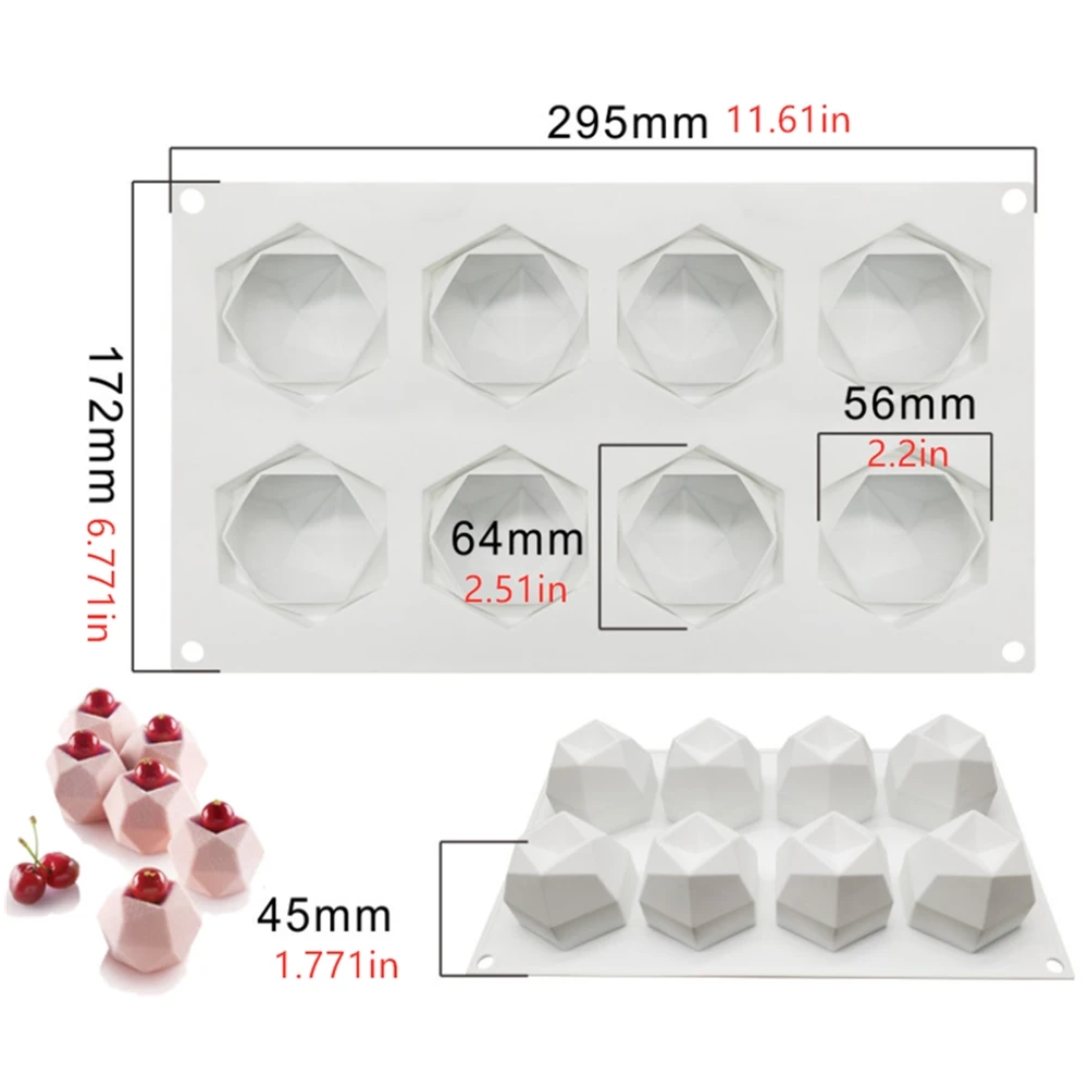 8 Cavity Diamond Polygonal Silicone Cake Mold French Dessert Mousse Pastry Tray Candle Mould Muffin Sweety Baking Tools