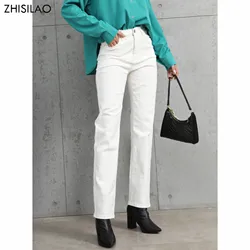 ZHISILAO-pantalones vaqueros blancos para mujer, Jeans Vintage elásticos de cintura alta, rectos, de pierna ancha, ropa de calle para otoño 2021