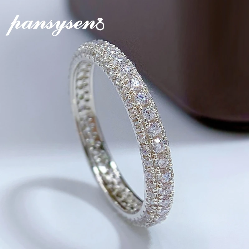 PANSYSEN New Classic 100% 925 Sterling Silver Full Circle High Carbon Diamond Finger Rings for Women Wedding Party Fine Jewelry