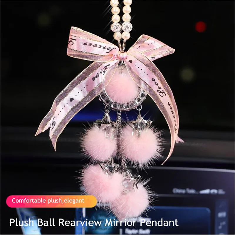 Car Ornament Car Rearview Mirror Pendant Girl Heart Art Cute Plush Pearl Pendant Female Car Accessories