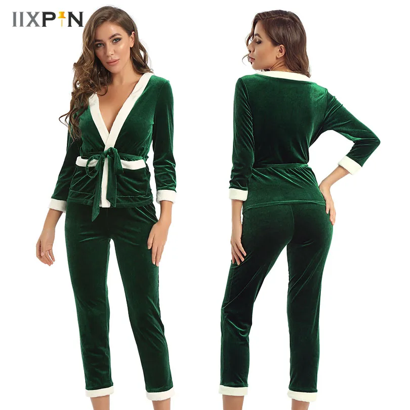 Women Winter Sleepwear Pajamas Warm Flannel Trousers Top Pants 2 Piece Set Christmas Cosplay Party Santa Costume Clothes Outfits