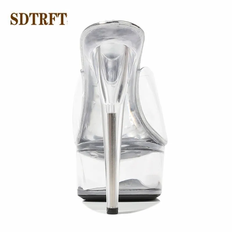 SDTRFT Summer ladies Nightclub shoes woman sandals Transparent Platform Sexy 15cm Thin High Heels PVC Pearl Pep Toe Slipper