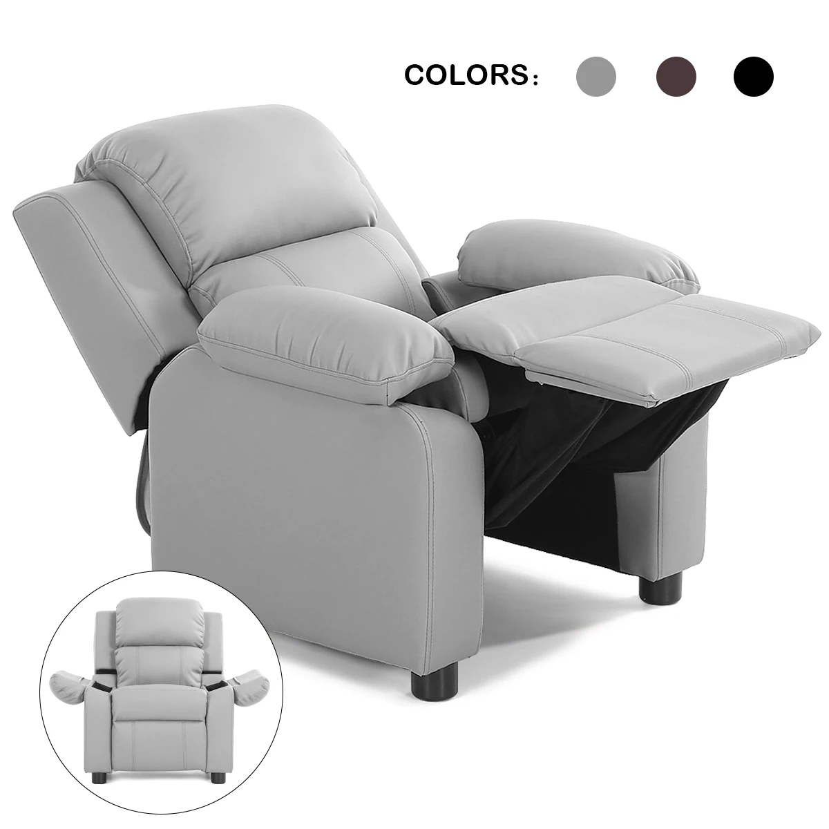 Sofá acolchado de lujo para niños, sillón reclinable, reposacabezas con brazos, color gris