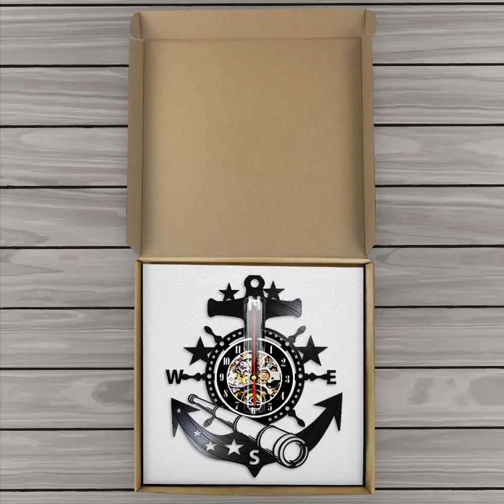 Marine Nautical Ship Steering Wheel Wall Clock Vintage Vinyl Record Wall Clock Watches Anchor Wall Decor For Living Room Bedroom