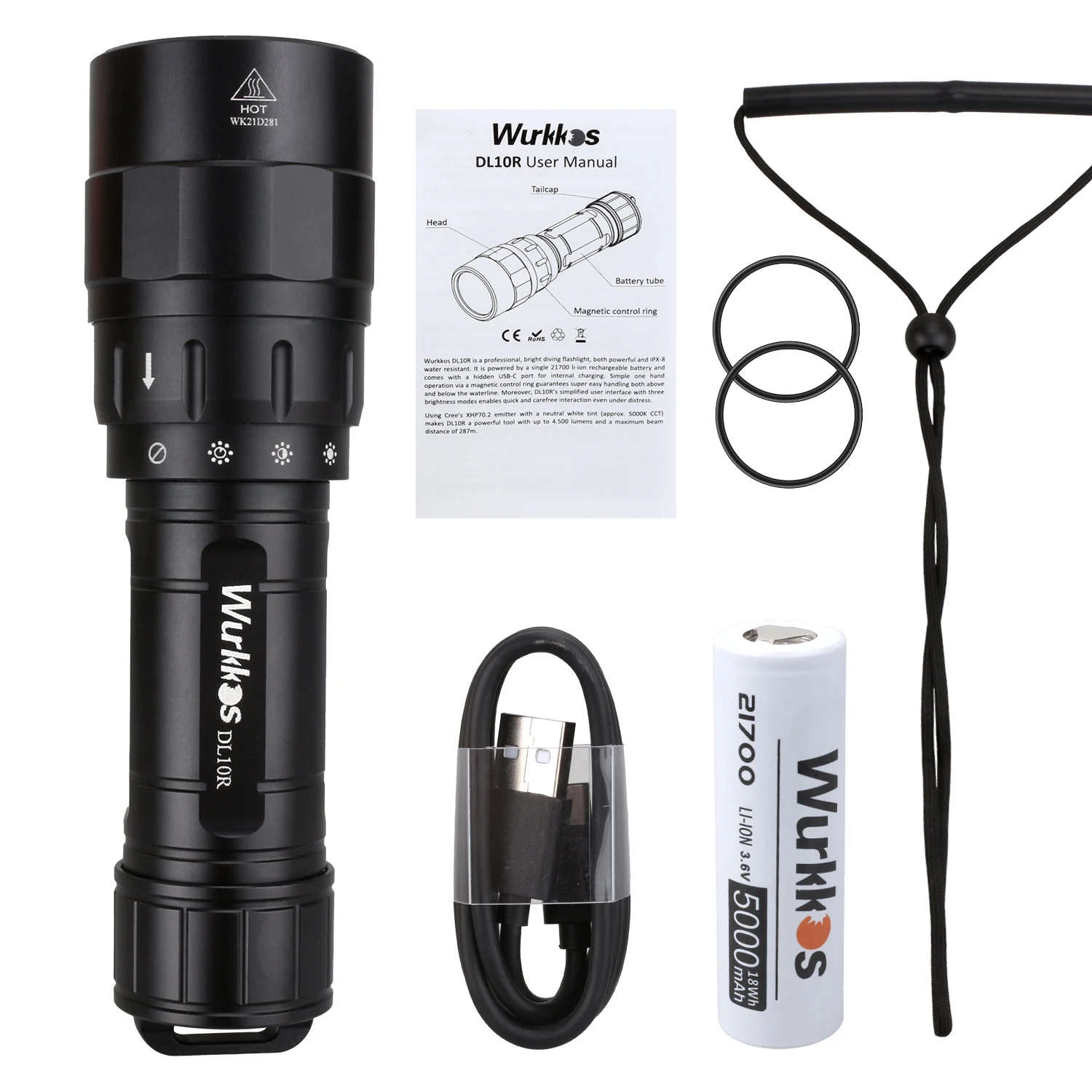 Wurkkos DL10R Scuba Diving Torch XHP70.2 LED Flashlights 4500lm 21700 USB-C Rechargeable Rotary Switch Magnetic Control