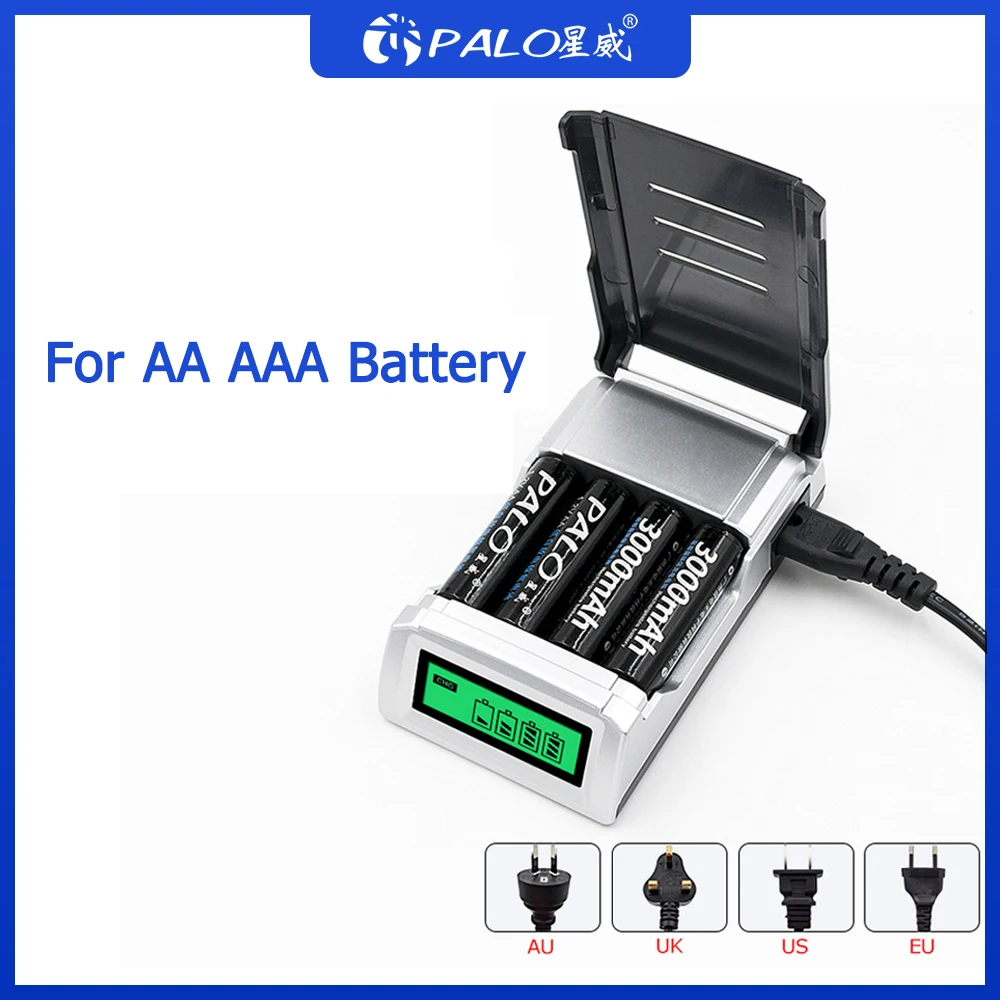 PALO LCD Display With 4 Slots Smart Intelligent Battery Charger For 1.2V AA / AAA NiCd NiMh Rechargeable Batteries fast charging