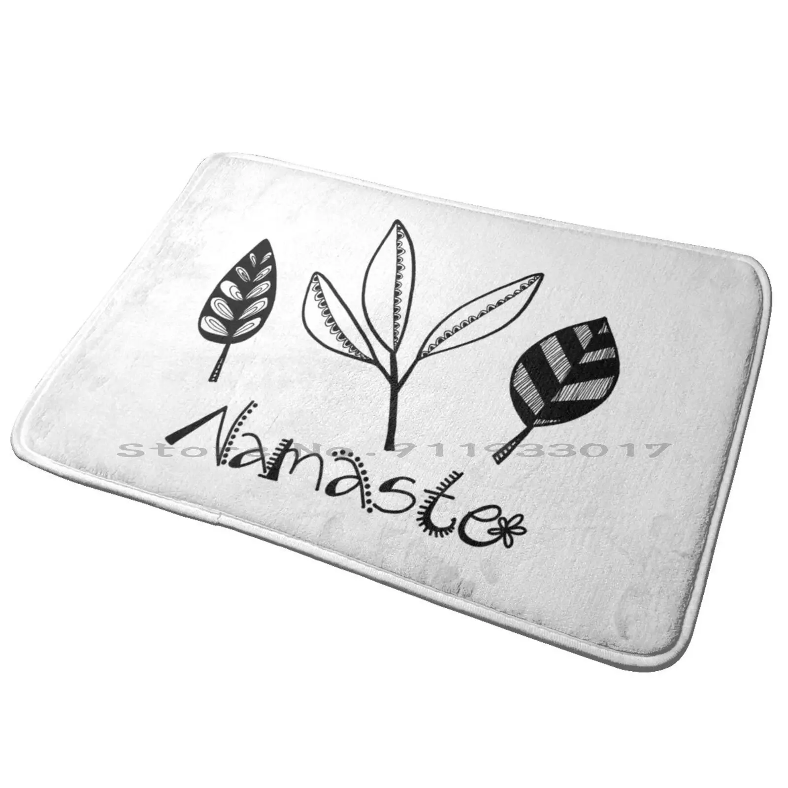 Namaste Entrance Door Mat Bath Mat Rug Namaste Yoga Meditation Hand Lettering Botanical Leaves Black And White Line Drawing