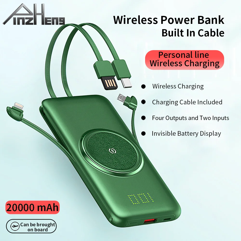 

PINZHENG 20000mAh Wireless Power Bank Built-in 4 Cables 10000 Powerbank Portable External Battery Charger For iPhone