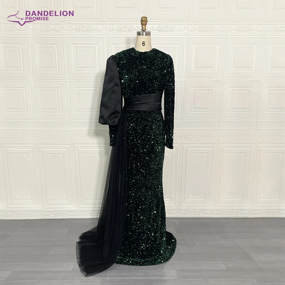 Vestido de noche de sirena de lujo para mujer, con tren desmontable, cuello redondo, mangas largas, lentejuelas, elegante, musulmán, para baile de graduación, 2021