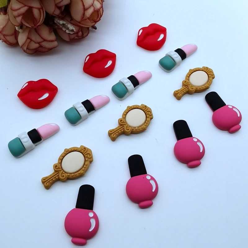 New Fashion Red Lips Lipstick Mirror Nail Polish Beautician Jewelry DIY Handmade 5 Pieces