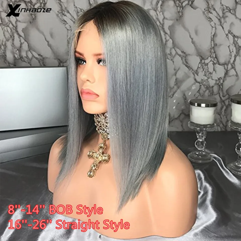 1B/Grey Short Bob Lace Wig Brazilian Remy Hair Straight 13x6 Lace Front Human Hair Wigs Ombre Gray Color Lace Wig with Baby Hair