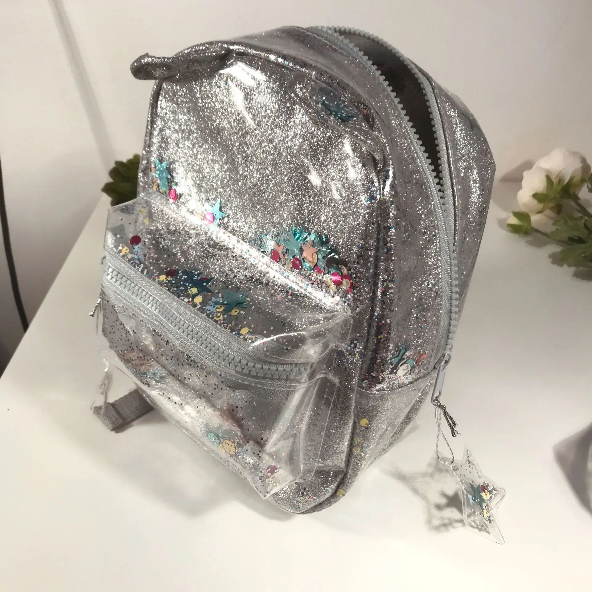 Silver cat ear glitter mini backpack ladies or cute children glitter glitter star pendant backpack