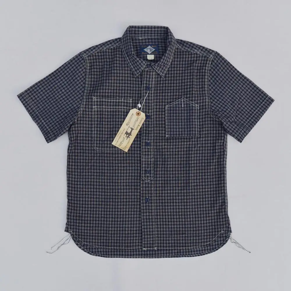 BOB DONG Plaid Short Sleeve Work Shirts Retro Button Down Cotton Flax Workwear