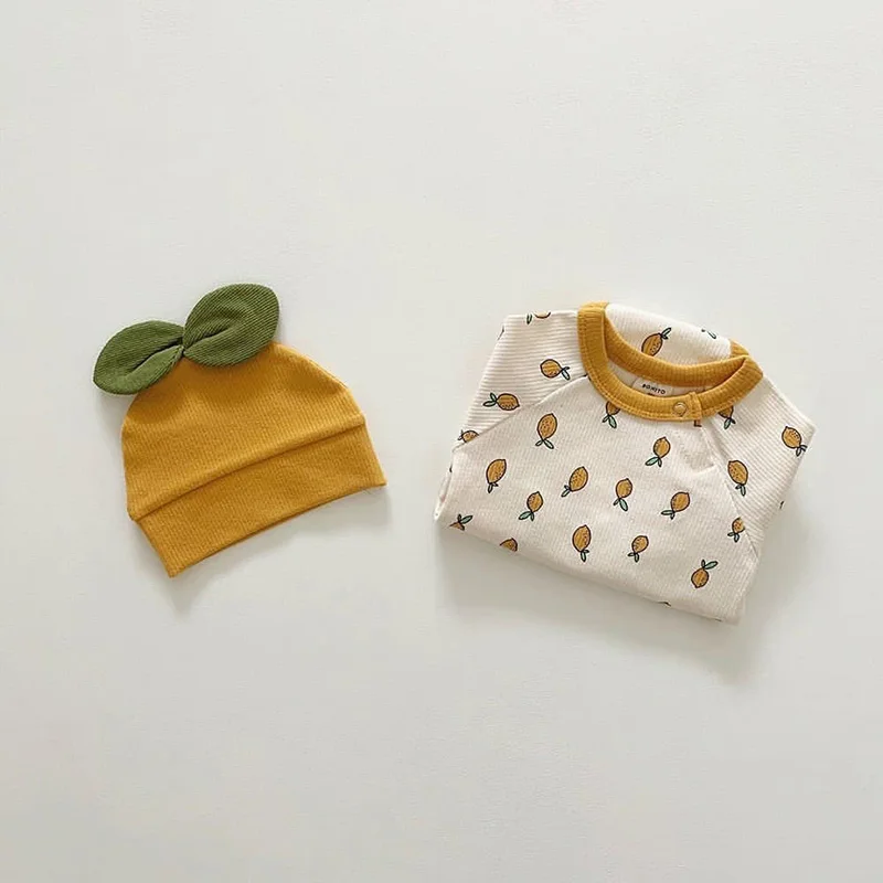 Newborn Baby Clothes Lemon Print Infant Girls Boys Bodysuit With Hat Toddler One Piece Baby Indoor Clothes