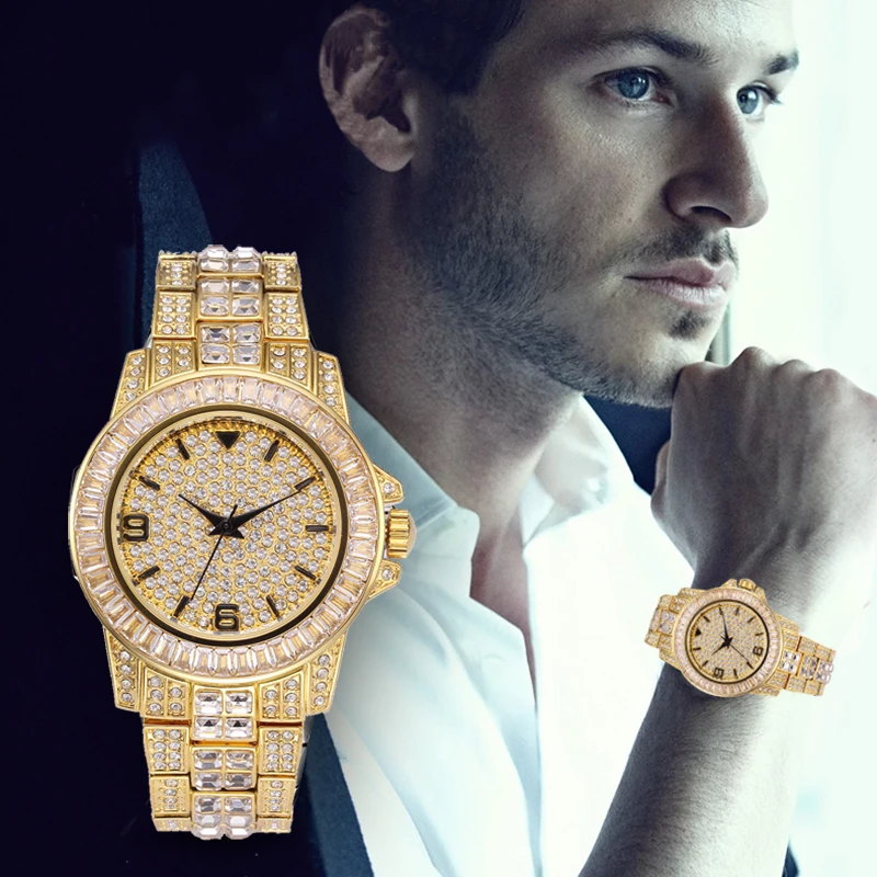 Mannen Horloges Top Merk Pladen Luxe Diamant Goud Quartz Horloge Klassieke Ontwerp Hip Hop Horloge Waterdicht Automatische Datum Klok