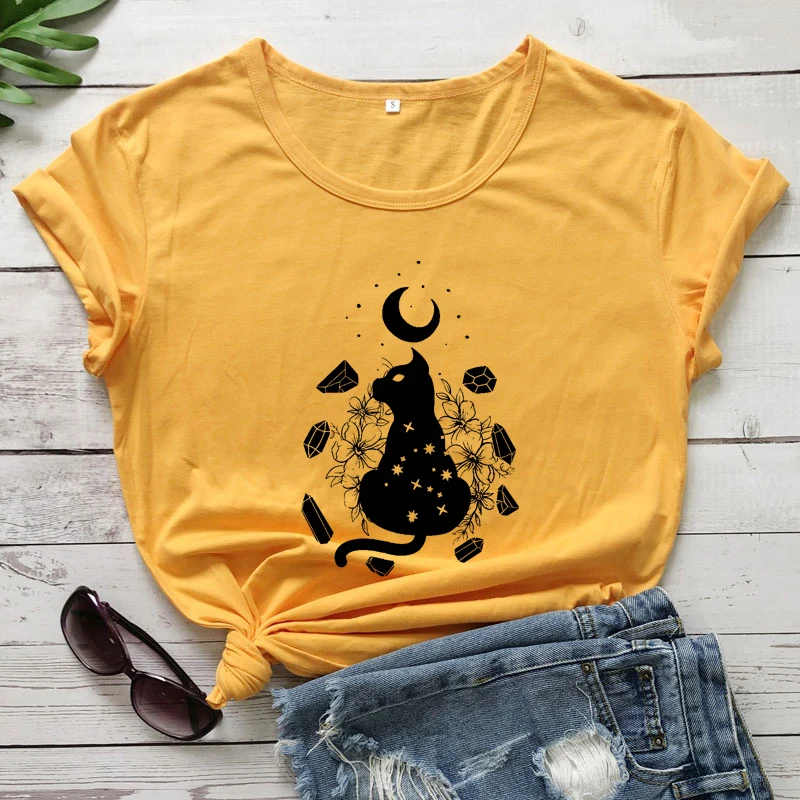 Boho Moon Witchy Cat 100% Cotton T-shirt Gothic Kitten Witch Wicca Tshirt Aesthetic Women Crystal Halloween Tee Shirt Top