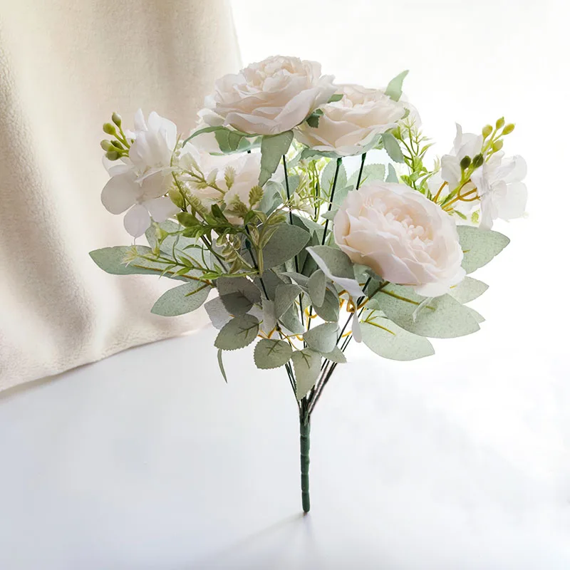 Buquê de casamento flores artificiais marfim acessórios de casamento buquê de noiva de mariage rosas de seda peônias festa de decoração de casa