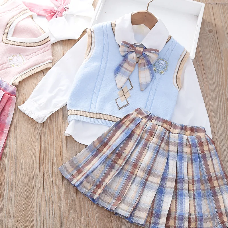 Girls JK College Style Suit Autumn Winter New Sweater Vest Doll Collar Shirt 3 Pieces Pleated Skirt Boutique Kids Clothing Set