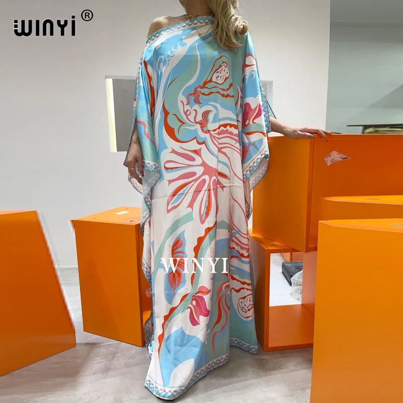 WINYI 2020 Long Length Dress Women Silk abayas Print Vacation Bohemian Batwing slash Collar Over Size Elegant New Fashion Tide