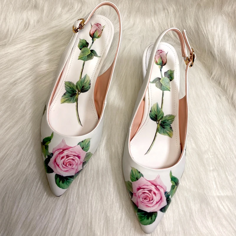 6cm Low Heel Bridal Shoes Rose Flower Print High Heel Pumps Pointed Toe Stiletto Pumps Slingback Sandals Summer Sweet Heels