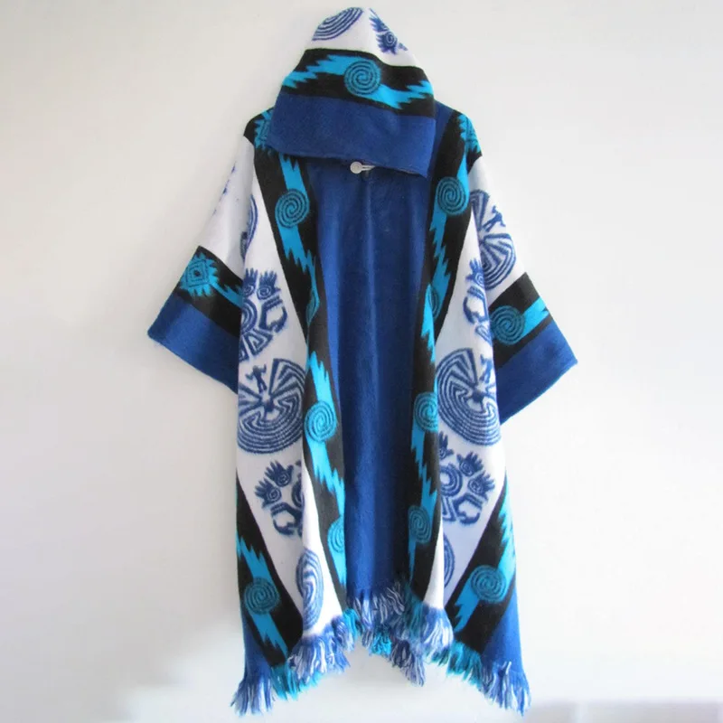 Fashion Men Poncho Shawl Knitting Retro Ethnic Pattern Printing Autumn Winter Windbreaker Women Hooded Cape Male Outwear Coats