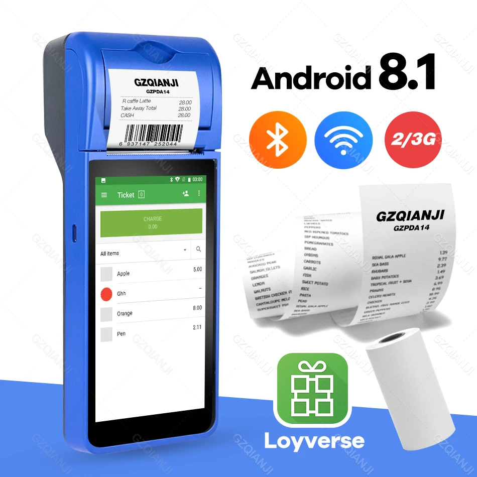 

Handheld POS Android 8.1 PDA Terminal with Touch 3G Wifi Bluetooth POS PDA Thermal Printers Mobile Support Loyverse POS