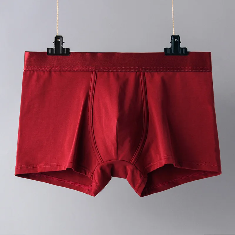 Men\'s Briefs Plain Cotton Square Corners Breathable Middle Waist Red Combed Cotton Shorts