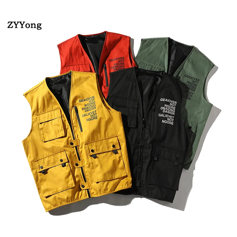 Trend Brand Men Fashion Vest Spring New Men's Multi-Pocket Casual Vest High Street Hip Hop Vest Coat Male Size S-4XL