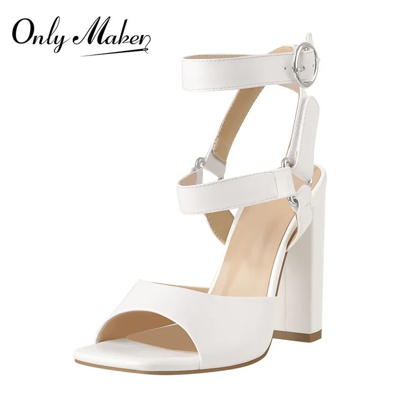 Onlymaker Women Summer Square To  Sandals Matte White Hook And Loop Metal Ring Ankle Buckle Chunky High Heels