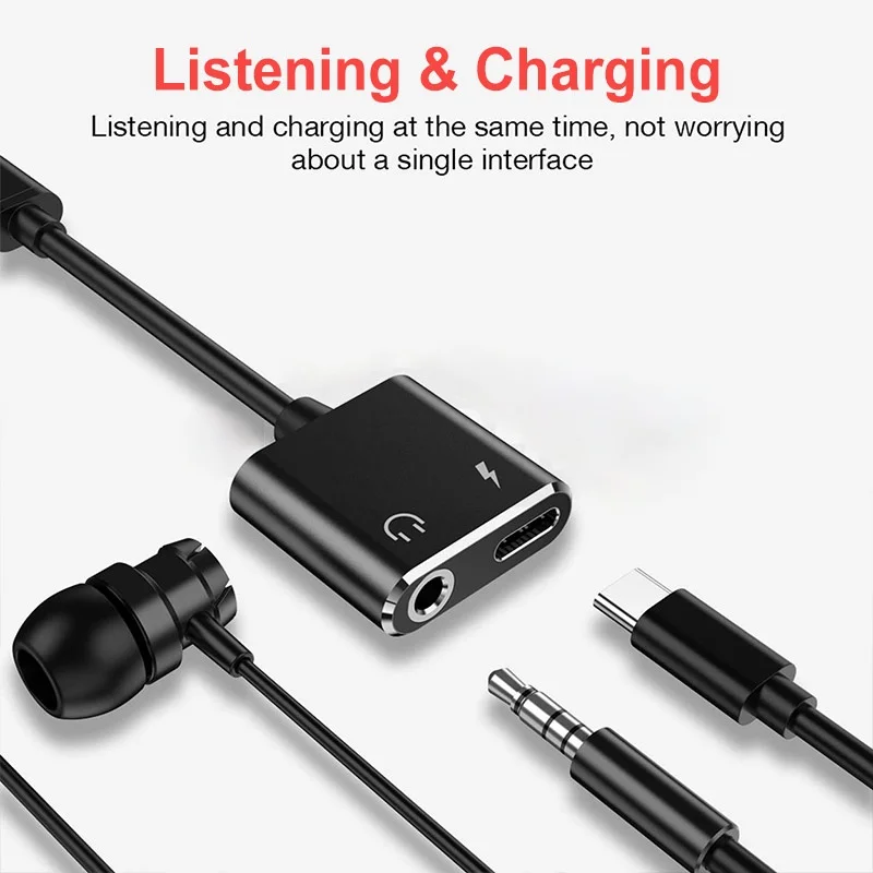 2 In 1 Type C To 3.5mm Jack Earphone Charging Converter USB C Type-C Audio Charging Splitter Adapter for Xiaomi Huawei Mate 20