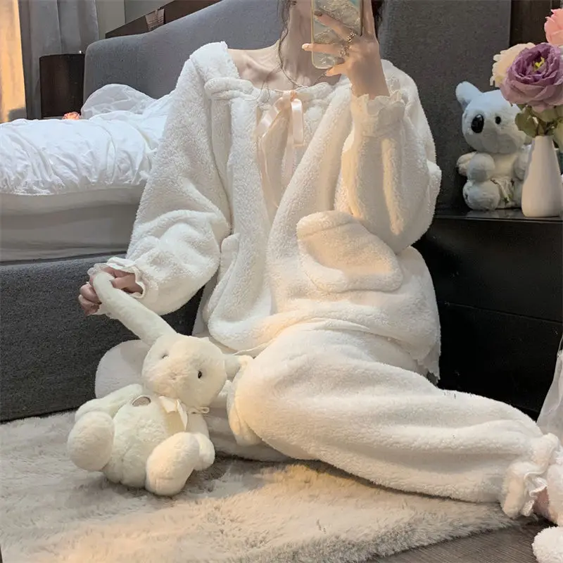 Women Lace Bow Pajama Sets Flannel Cute Warm Sleepwear New Plush Sweet Outwear Long Sleeve Pajamas Thick Winter Lounge Wear Ins