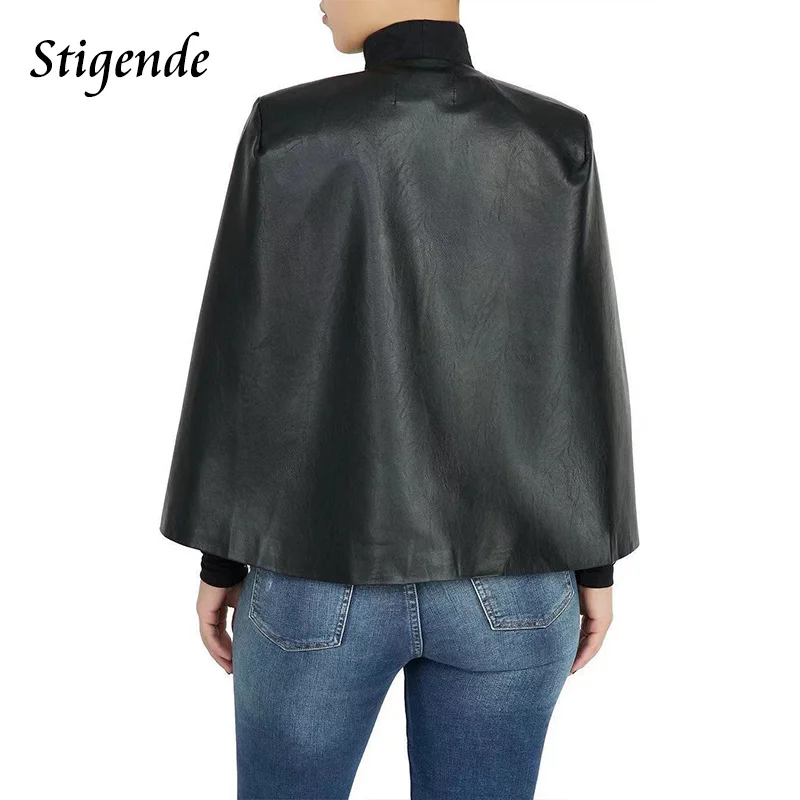 Stigende Sexy Faux Leather Black Cape Blazer Women Casual Pu Leather Blazer Jacket Autumn Elegant Long Sleeve Blazer Top