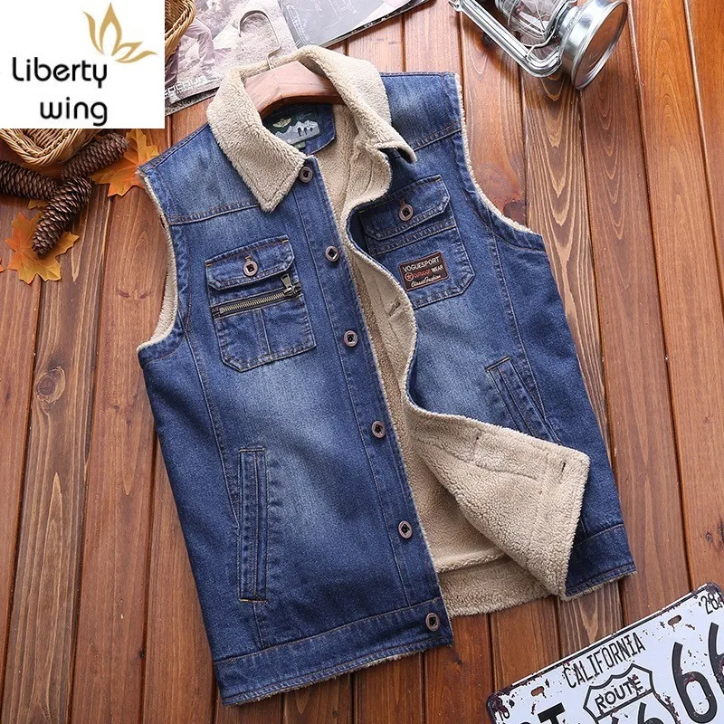 

Large Size Winter 2020 Fahsion Mens Jeans Vests Casual Loose Fit Sleeveless Male Waistcoat Streetwear Pockets Mans Warm Vest