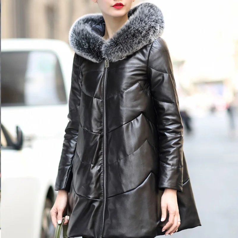 Loose 2022 Womens Sheepskins Coat Cap Coat Female Womens Winter Down Jackets Genuine Leather Jacket Ladies Coats Plus Size M-4XL