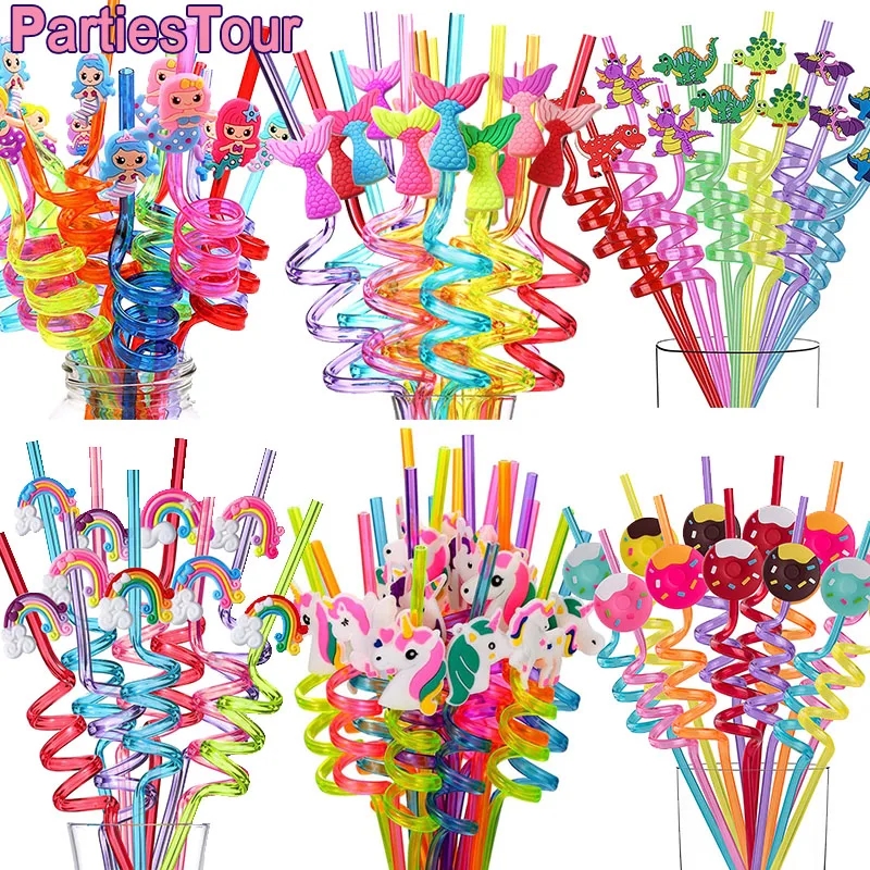 8pcs Mermaid Theme Party Decors Mermaid Tail Straws Reusable Plastic Animal Drinking Straws Baby Shower Dinosaur Party Supplies