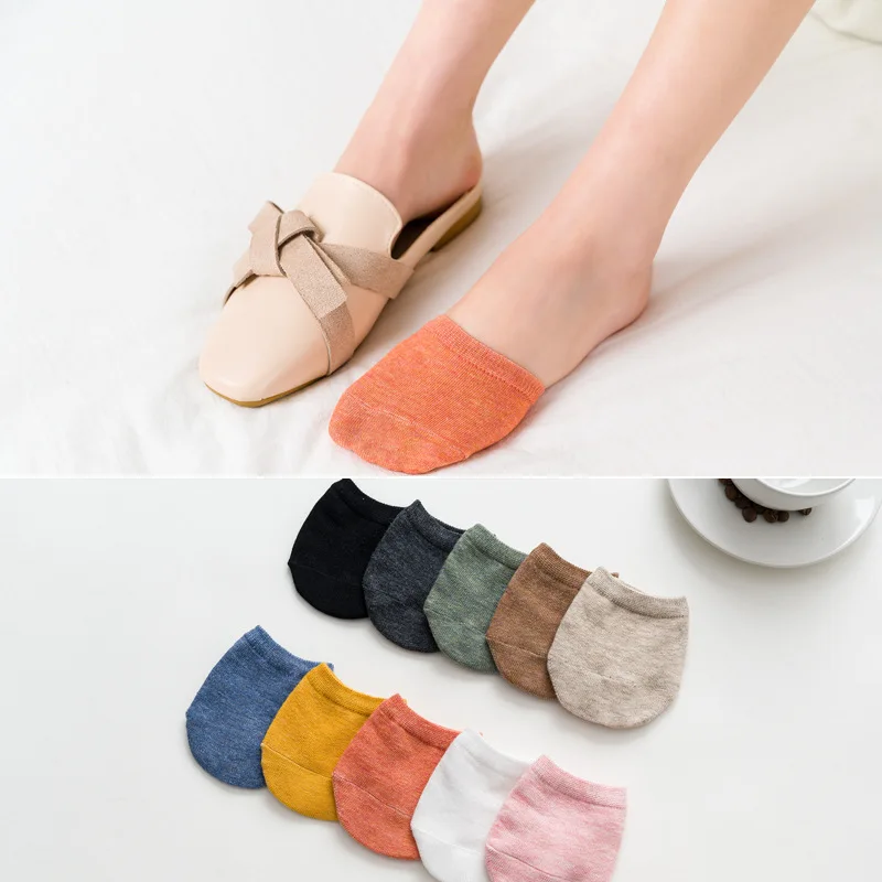 5 Pairs Women Forefoot Invisible Socks Summer Solid Color Candy Female Half Foot Toe Cover Half Socks Cotton Breathable Socks