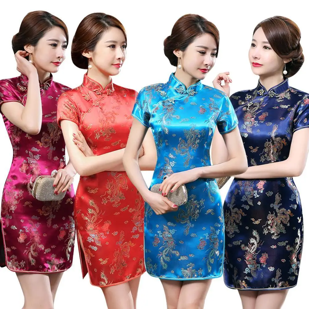 Chinese Qipao Cheongsam Dragon/Phoenix Embroidery Chinese Traditional Cheongsam for Women Side Slitting Hem Mini Dress Cheongsam