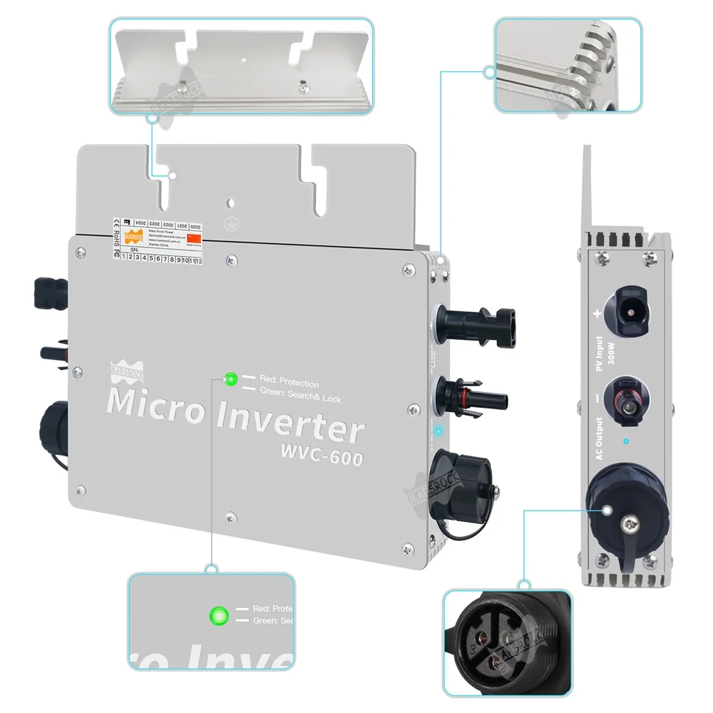 Mars Rock 600W Micro Inverter Solar On Grid Pure Sine Wave MPPT 22-50V DC to AC 120V 230V Max 2 PCS 330W Solar Panel IP65