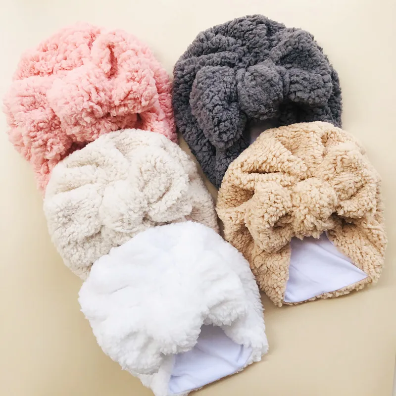 Cute Newborn Baby Hats Knot Turban Teddy Fabric Thick Ear Warmer Infant Indian Hat for Boys Girls Soft Hat Beanies 2021 Winter