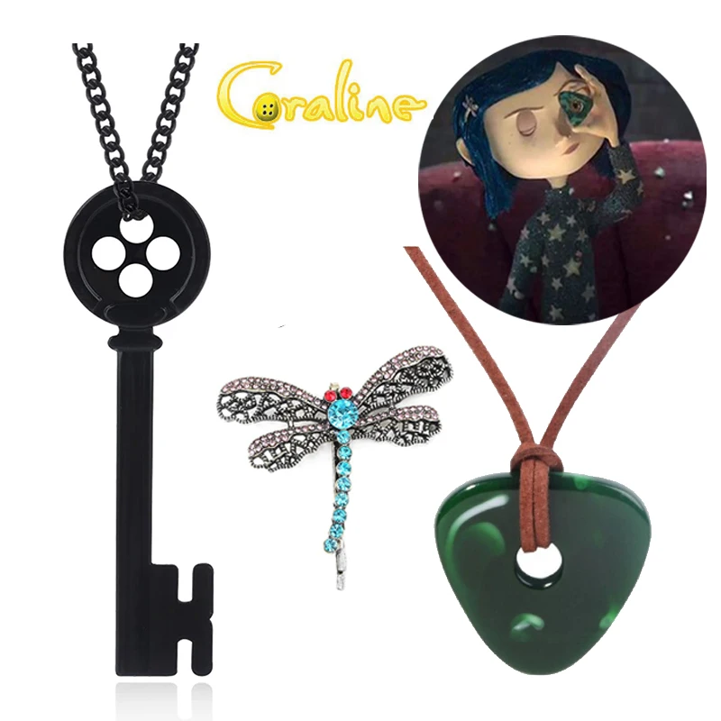 Horror Coraline Green Seeing Stone Necklace Black Key Pendant Necklace For Movie Fans Cosplay Props Jewelry Accessories