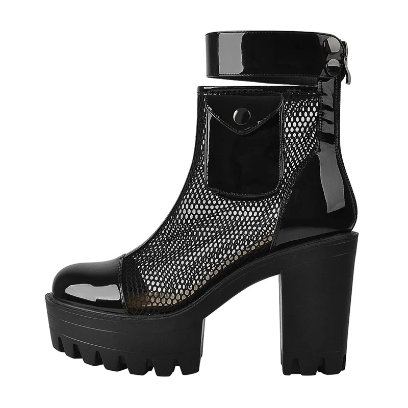 

Onlymaker Women Platform Chunky Heel Ankle Bootie Round Toe Black Air Mesh Shinning Patent Leather Zipper Detachable Belt Boots