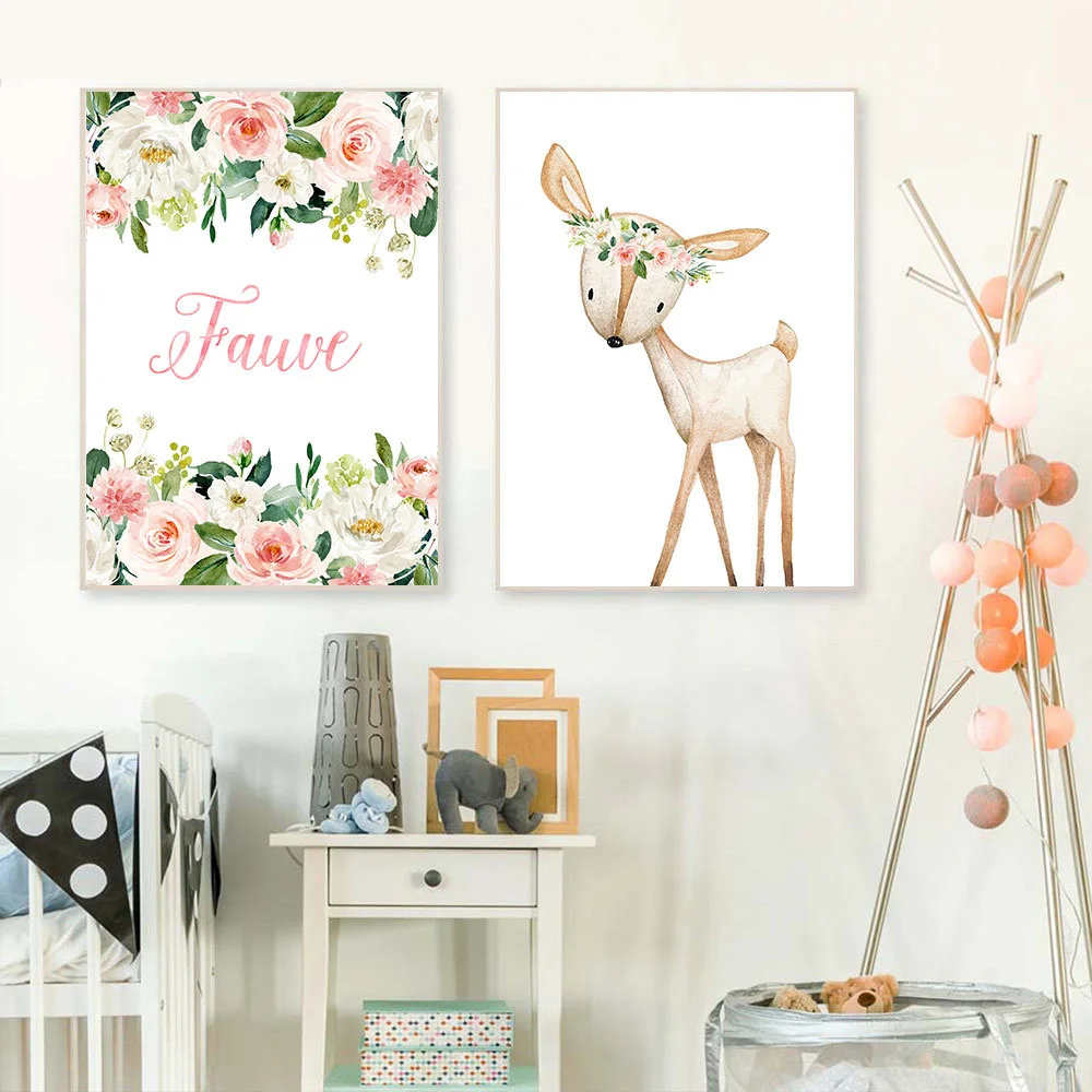 Canvas Poster Fox Deer Woodland Animal Print Custom Name Pink Flower Painting Nursery Wall Art Pictures Baby Girl Room Decor