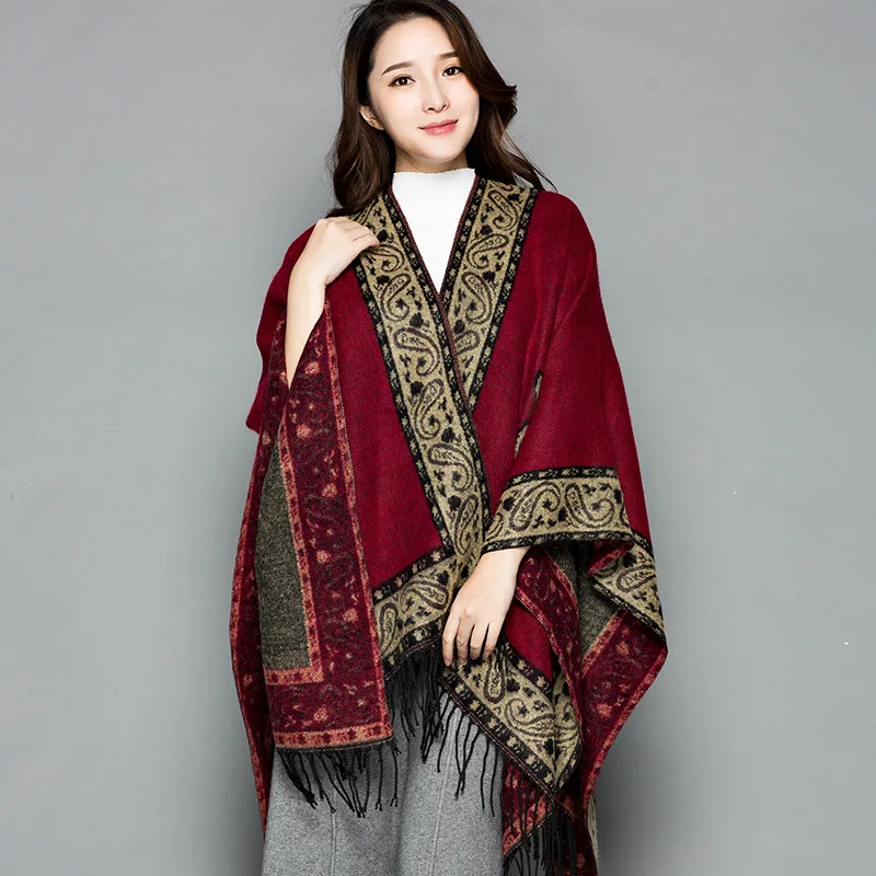 

National Style Cashmere Pashmina Women's Winter Poncho Scarves Thick Tassel Shawl Wrap Two Sides Scarf Travel Photo Blanket