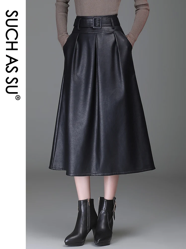 Y2K Autumn Winter New Ladies Black Brown Red Skirts Pockets Pleated High Waist Female 2024 PU Leather Size Women Skirts